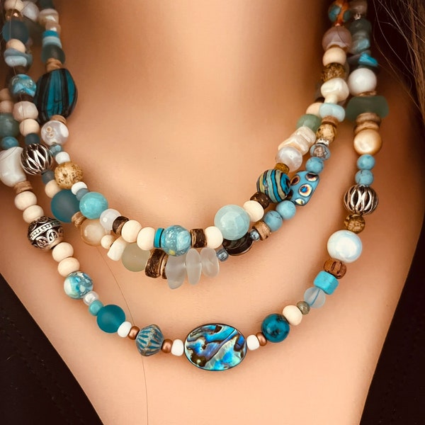 Beachy Boho Choker Necklace Blue Summer Jewelry Sea Glass Great Gift Idea for Ocean Lovers, Girls Trip Cruise Wear Beach Style
