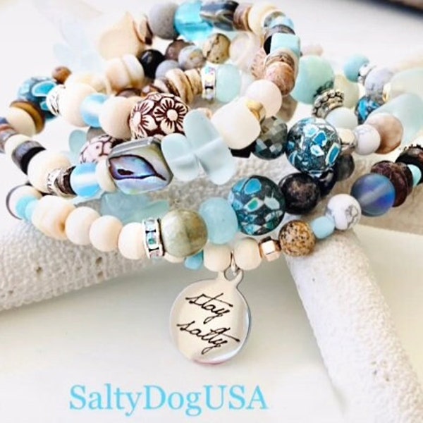 Woman's Beachy Boho Summer Bracelet, Birthday Gift Idea for her Shell Ocean Charm Bracelet Beaded Beach Themed Girls Trip Stay Salty Charm