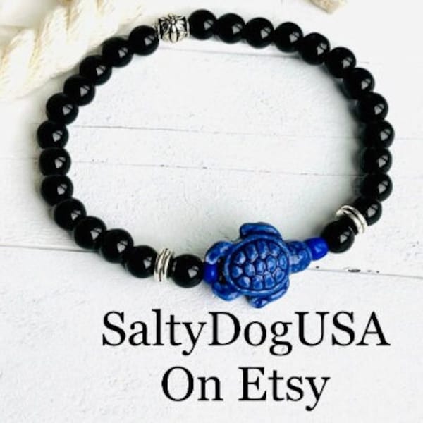 Men's SEA TURTLE BRACELET, Father's Day Gift Idea, Save our Turtles Black Onyx Beaded Bracelet, Jewelry Beach Lover for him Black Onyx