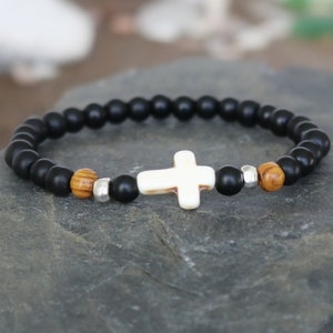 Mens Howlite Cross Bracelet, Black Beaded Religious Jewelry 6mm
