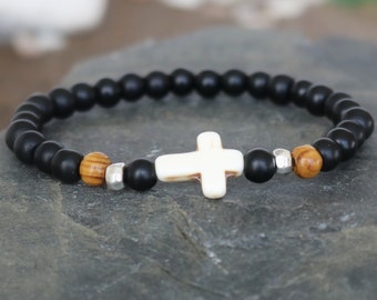 Mens Howlite Cross Bracelet, Black Beaded Religious Jewelry 6mm