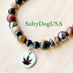 Marijuana Weed Stretch Bracelet, Stainless Steel Charm. Cannabis Stoner Gift, Pot Heads Jewelry Ganja for Him or Her.  Unisex