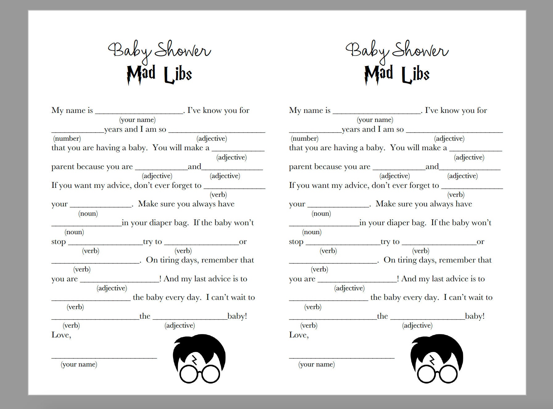 Harry Potter Themed Baby Shower Mad Libs Digital Download | Etsy