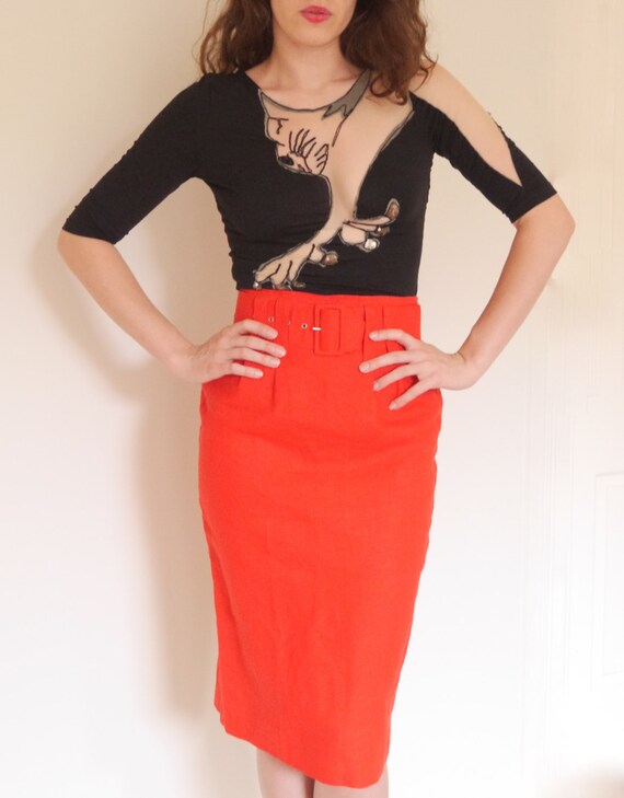 Vtg 70s 80s red highwaist linen belted secretary d