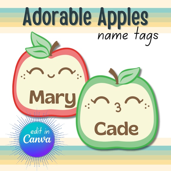 Cute Apples Classroom Name Tags, Editable Canva Template, Printable Labels and Desk Plates for Back to School