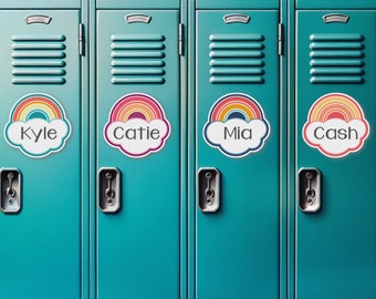 Retro Rainbow Editable Classroom Labels and Name Tags, Printable Desk Plates in Groovy Brights and Calm Pastels