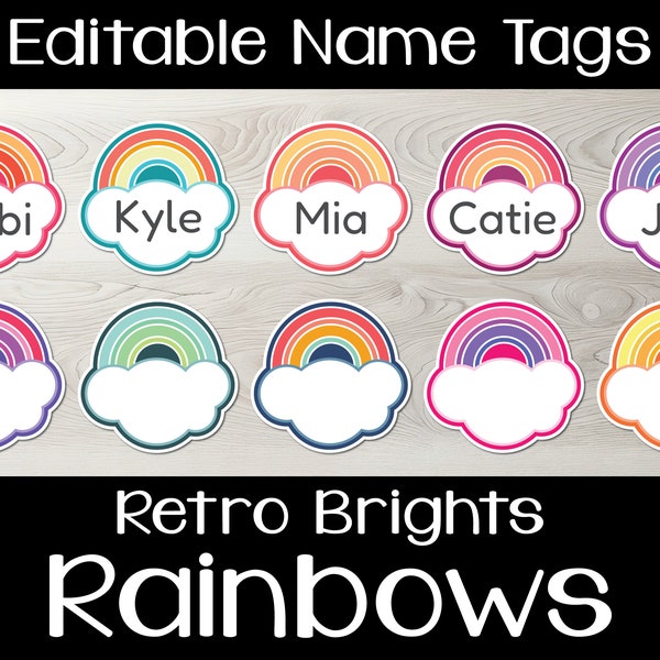 Retro Rainbow Editable Classroom Labels and Name Tags, Printable Desk Plates in Groovy Brights and Calm Pastels