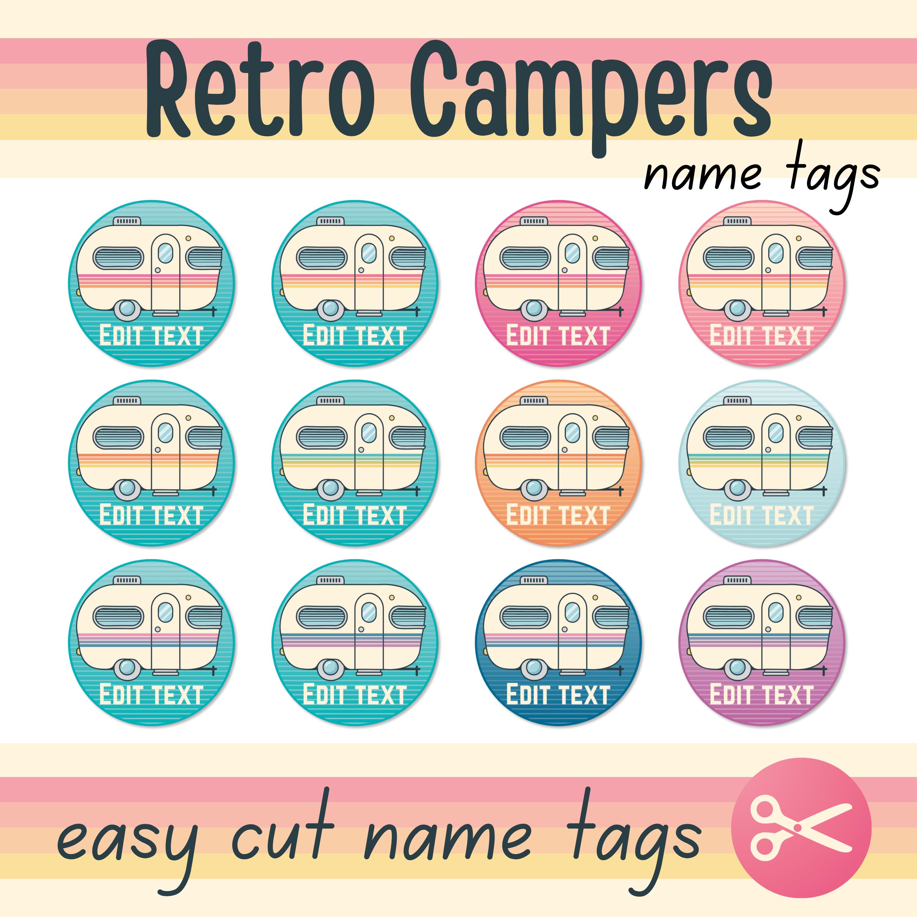 Camping Classroom Name Tags, Retro Campers Editable Canva Template ...