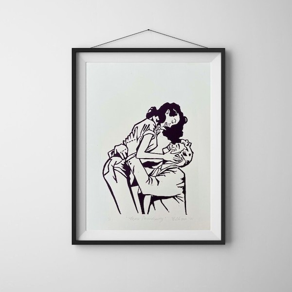 Mere Serendipity | Orginal Art Linocut Relief Block Print | Vintage | 1950s |  Couple | Love | Wedding Gift | Retro | Anniversary | Romantic