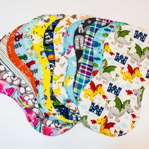Variety of Hand-Made Burp Cloths | Soft | Curved fit | Reusable | Machine Wash |  Mix and Match cute prints and solids