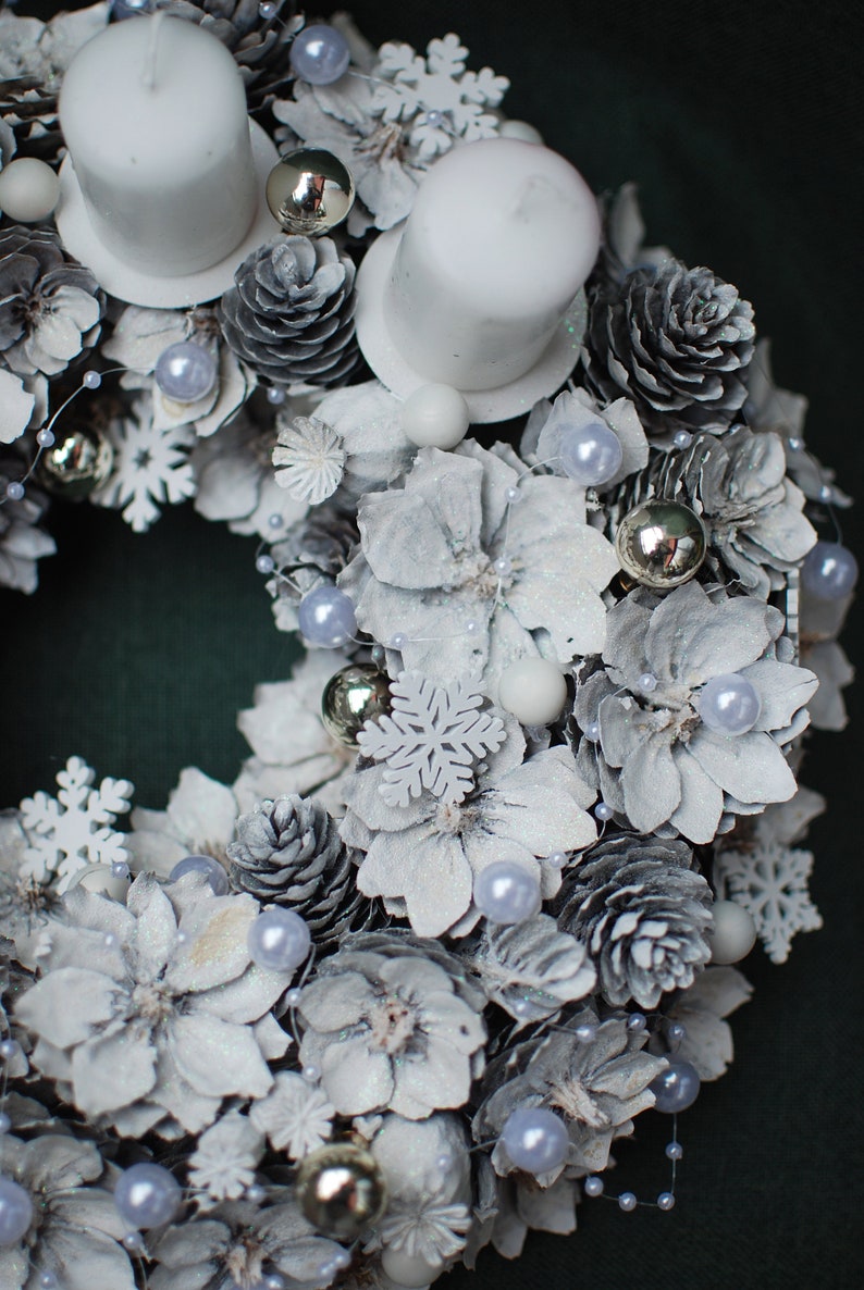 White glitter advent wreath Christmas candle holder Natural Etsy