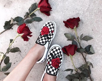 Checkered Slip On Vans Rose Embroidery Shoes -- Sewn on Rose Patches
