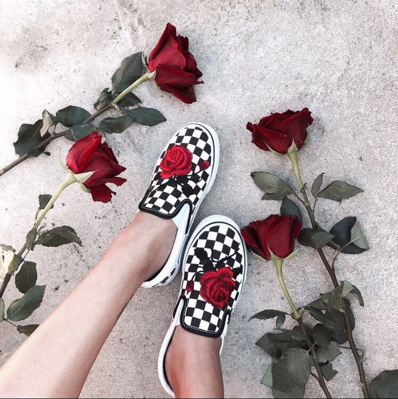 Checkered Slip On Vans Rose Embroidery Shoes -- Sewn on Rose Patches 