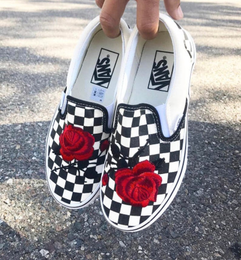 Checkered Slip On Vans Rose Embroidery Shoes Sewn on Rose | Etsy
