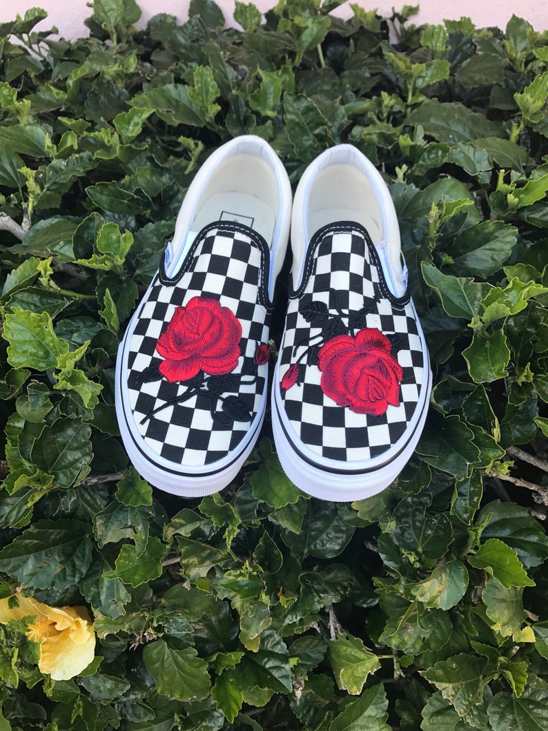 Checkered Slip On Vans Rose Embroidery Shoes Sewn on Rose | Etsy