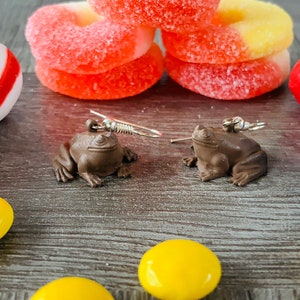 May include: A pair of brown frog earrings with silver hooks. The earrings are on a wooden surface with yellow candy and other colorful candies.