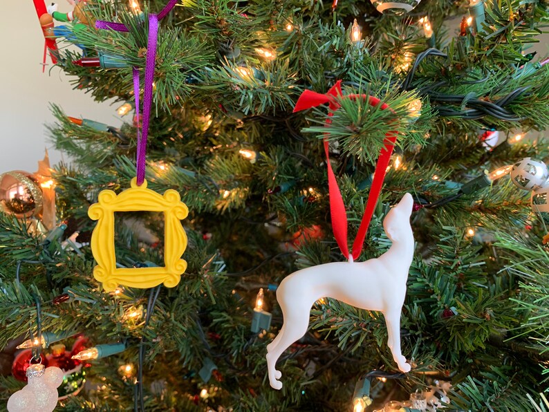 Friends Christmas Ornaments/ Friends Themed Gift Set/ Yellow Peephole Door Frame/ Pat Dog/ White Greyhound/  Gift 