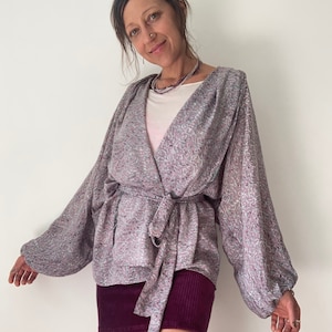 Lavender tunic open front boho jacket loose free size puff sleeve over coat summer lightweight waist tie blouse silky trendy topper