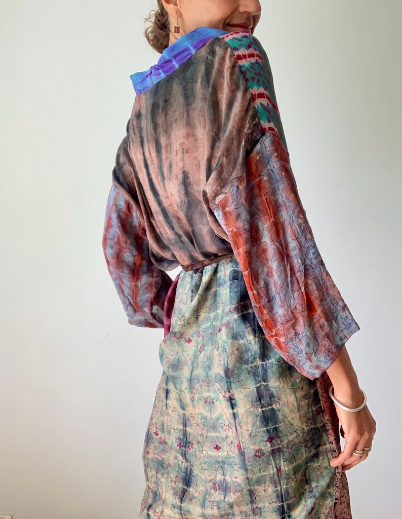 patchwork robe short sheer silk kimono topper comfy light kimono summer boho vacation robe dressing gown morning gown house shirt image 3