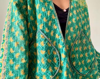 Patchwork kantha jacket loose winter short coat hippie boho comfy soft light autumnal jacket free size slouchy one front colorful coat