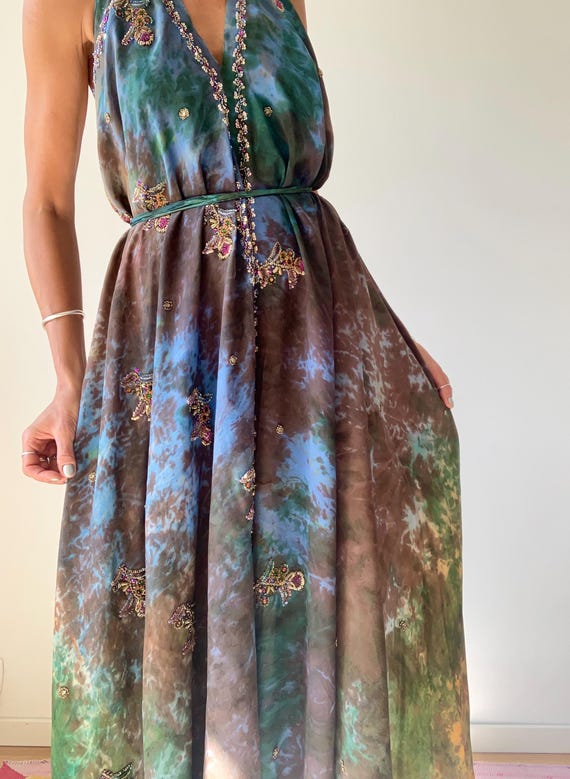 thin strap halter dress Tie Dye Spaghetti Maxi Dress: Open Back, Sequined Boho Party Holiday Style floor length for events and occasions boy-mom-matching