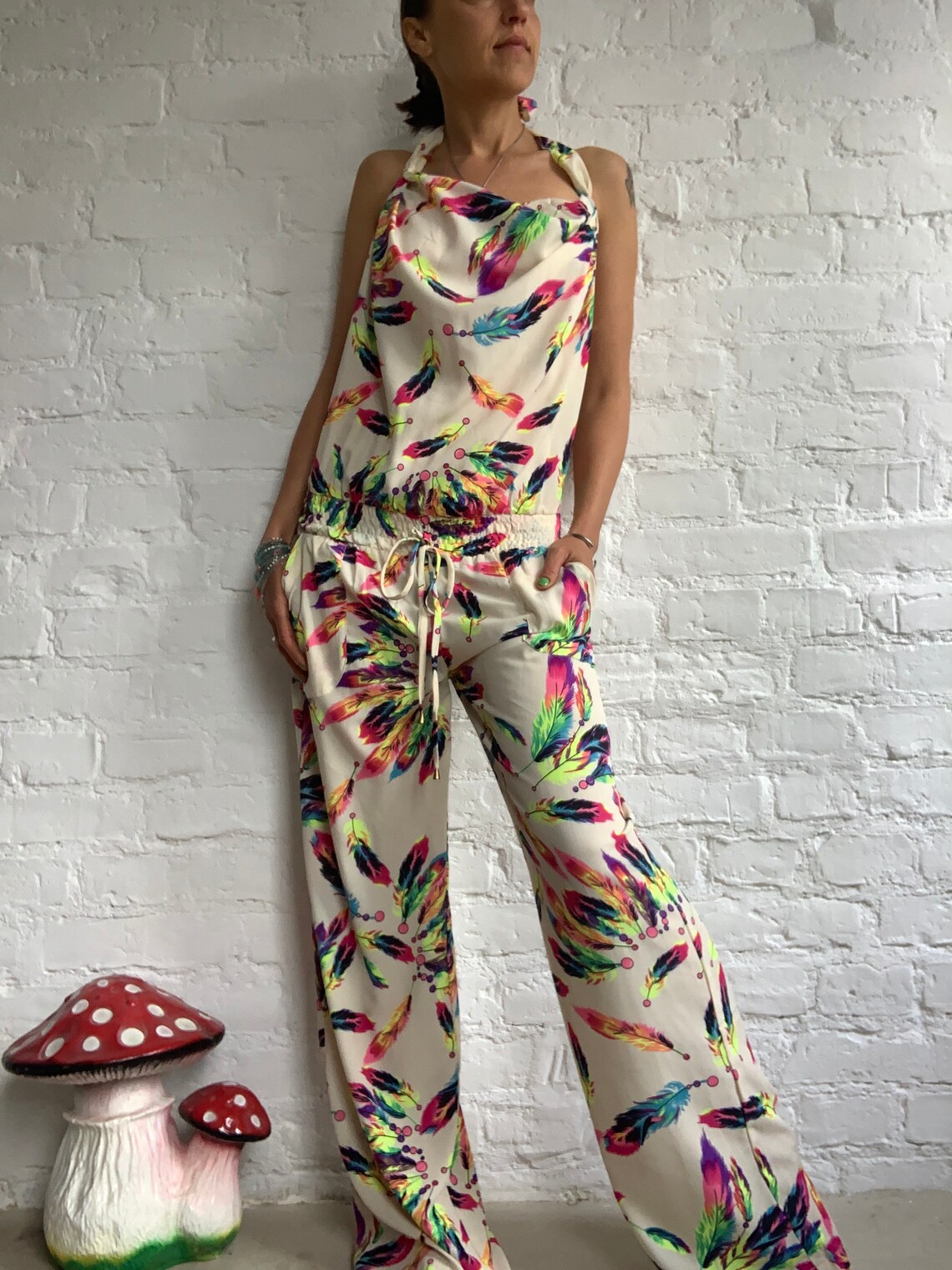 Colourfull bright white feathers summer jumpsuit backless Etsy