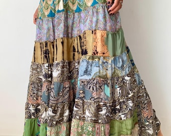 Falda de retazos colorida, hippie, moderna, cómoda, talla única, falda larga original, para uso diario, talla única, sedosa, vaporosa, modesta, falda tipo delantal hasta el suelo