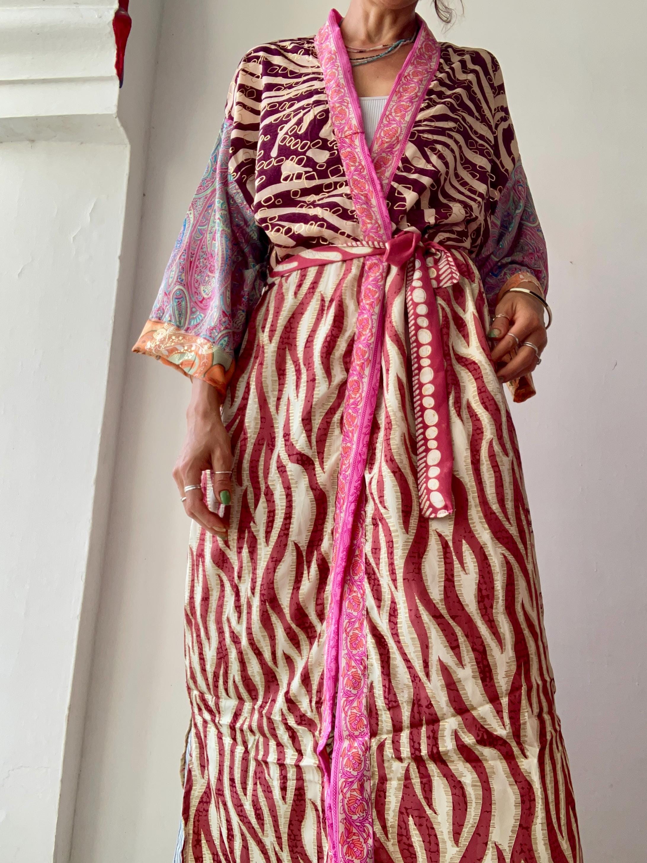 Colourful Robe Colourful Patchwork Kimono Robe Comfy Wrap Tie Duster Boho Pink Silky ...