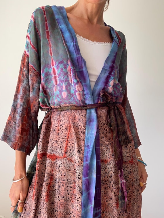 short silk kimono dressing gown Short Silk Kimono Robe Cherry Blossom Silk Dressing Gown Light Blue / One size fits most