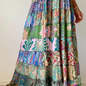 Long patchwork maxi skirt with floral frills flared boho gypsie skirt for festival wear country core peasant skirt gathered floral skirt