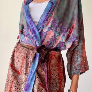 patchwork robe short sheer silk kimono topper comfy light kimono summer boho vacation robe dressing gown morning gown house shirt image 5