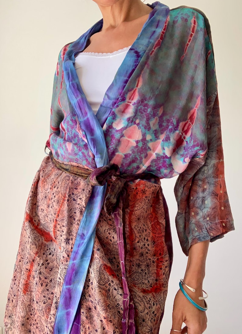 patchwork robe short sheer silk kimono topper comfy light kimono summer boho vacation robe dressing gown morning gown house shirt image 5