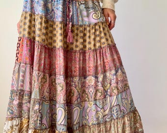 Falda larga de patchwork estilo boho chic con volantes, falda hasta el suelo, falda con volantes, falda de bailarina gitana, falda de fiesta para festivales, falda vaporosa y sin esfuerzo