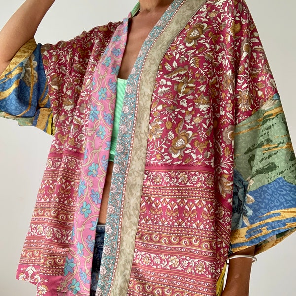 silk summer shirt free size kimono funky colorful patchwork shirt extra large blouse holidays beach cover up oversized boho top