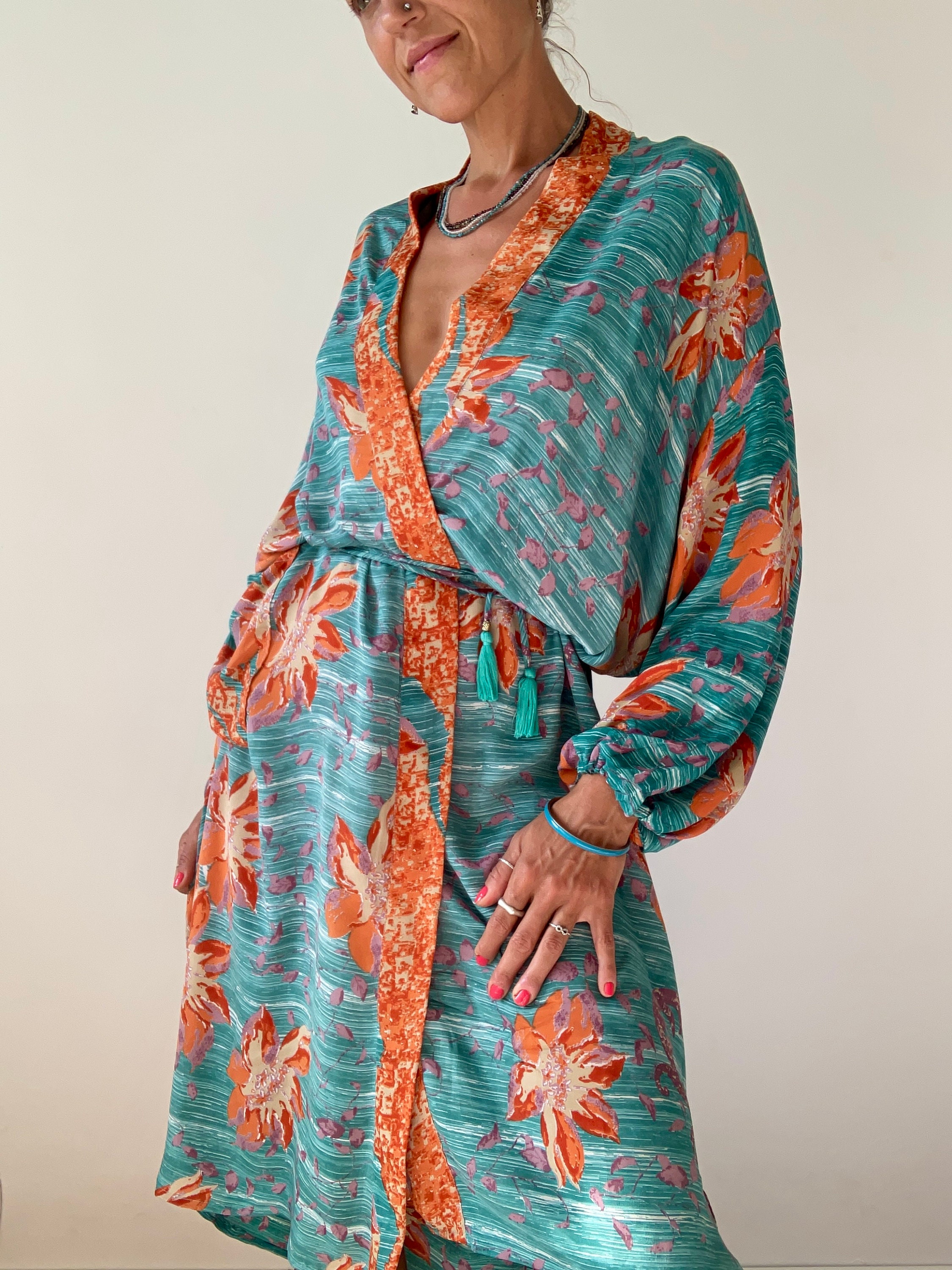 Colorful Silk Robe Puff Sleeve Free Size Topper House Coat Vintage up ...