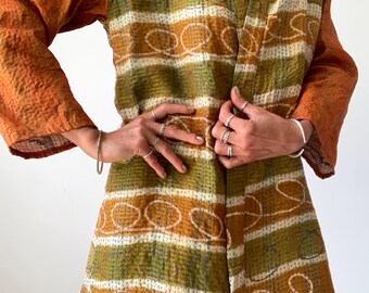 Reversible Silk Kantha Stitched Duster: Boho Midi Length Jacket boho style ethnic coat for spring lightweight midi coat vintage duster