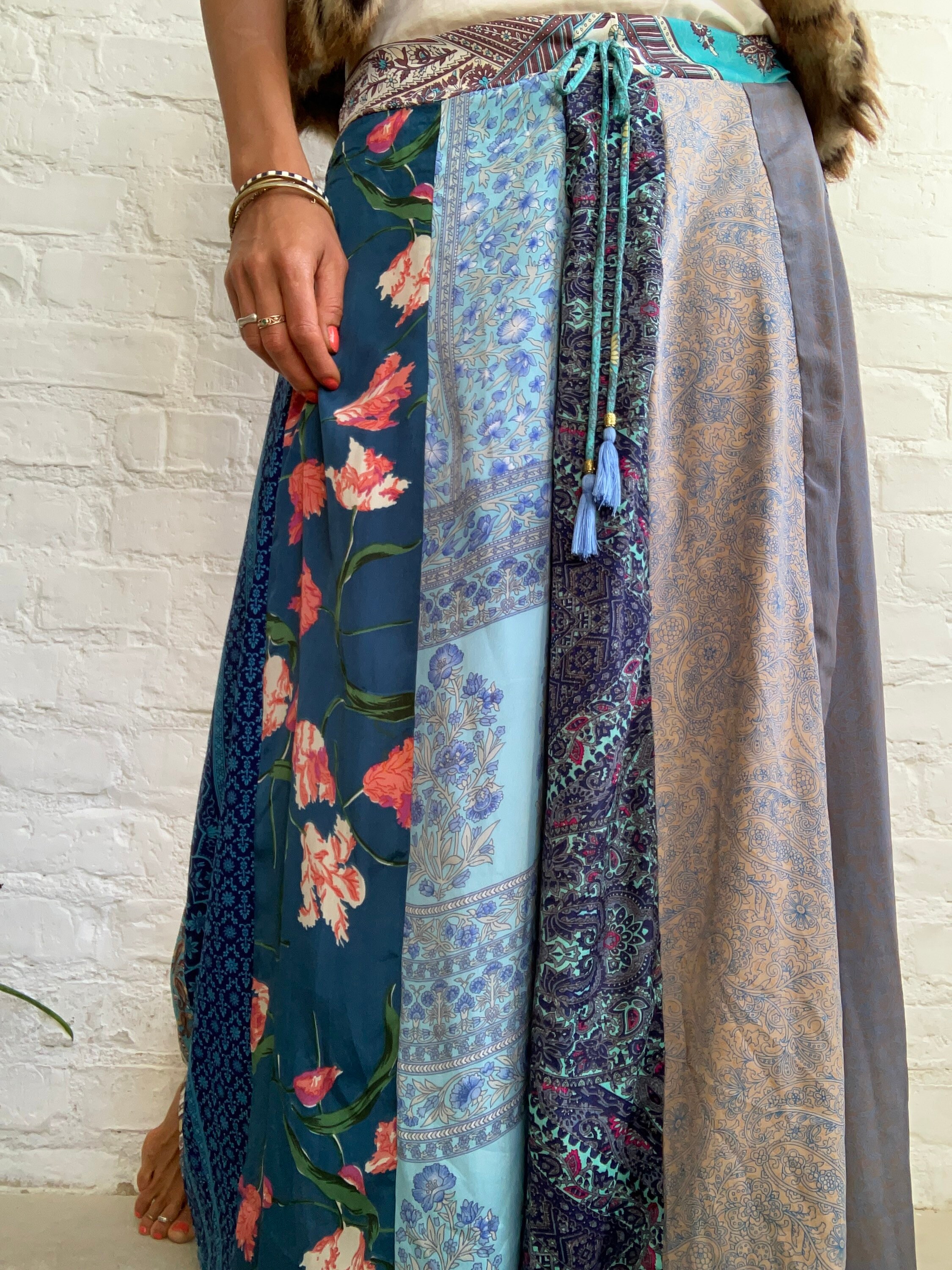 Blue Patchwork Long Boho Skirt Loose Daily Comfy Flowy Long - Etsy