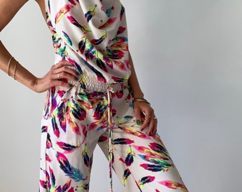 colourful feathers suit summer party backless jumpsuit funky night out overall silky beach wear sexy open back festival boho comfy trousers