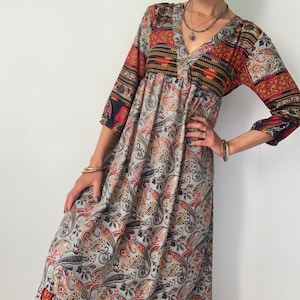 Modest boho dress mid length spring high waist kaftan casual daily comfy flared hippy girl retro style long sleeve loose wide fitting dress