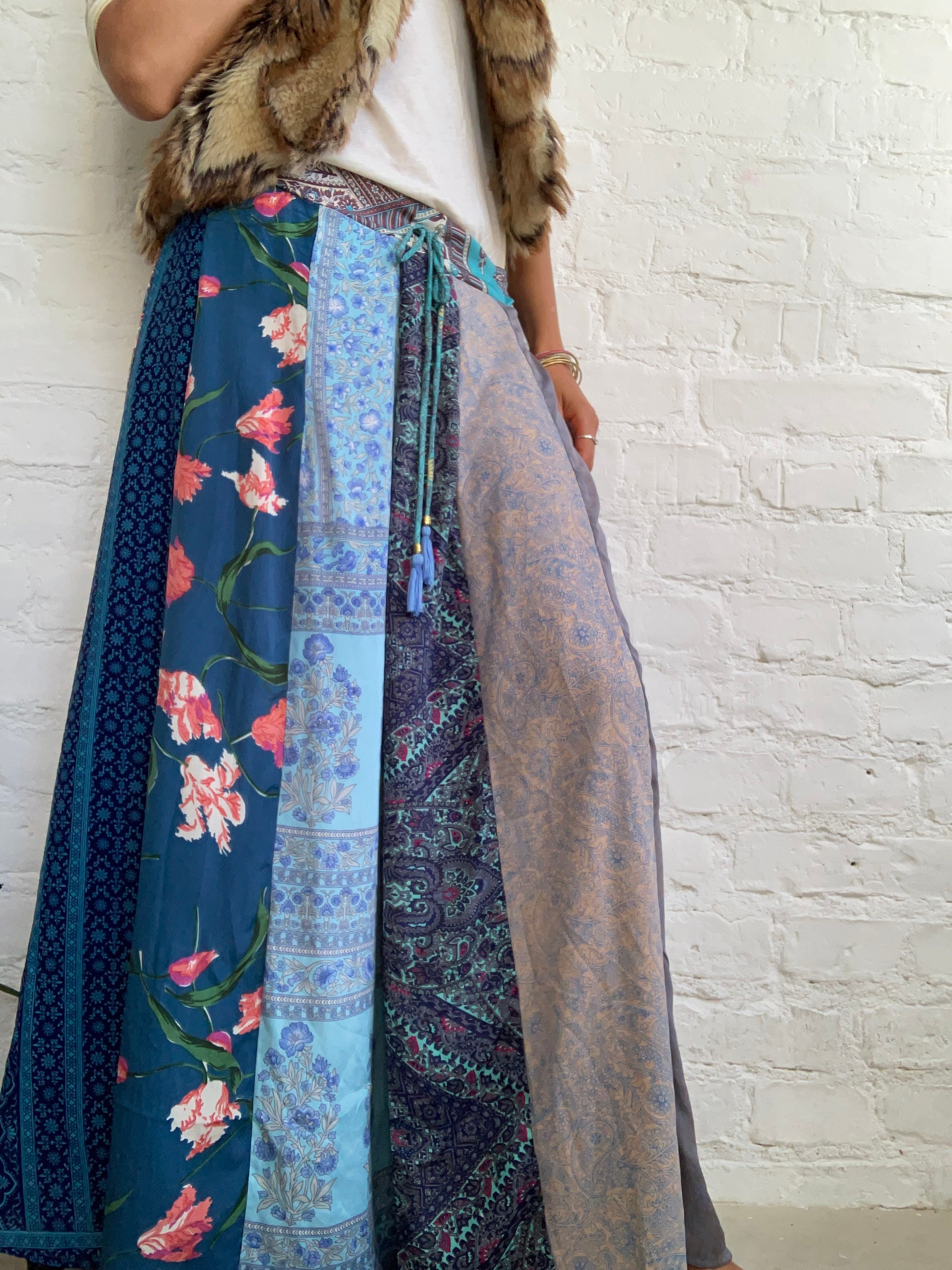 Blue Patchwork Long Boho Skirt Loose Daily Comfy Flowy Long - Etsy