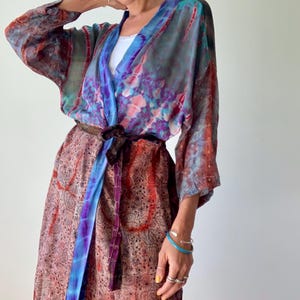 patchwork robe short sheer silk kimono topper comfy light kimono summer boho vacation robe dressing gown morning gown house shirt image 4