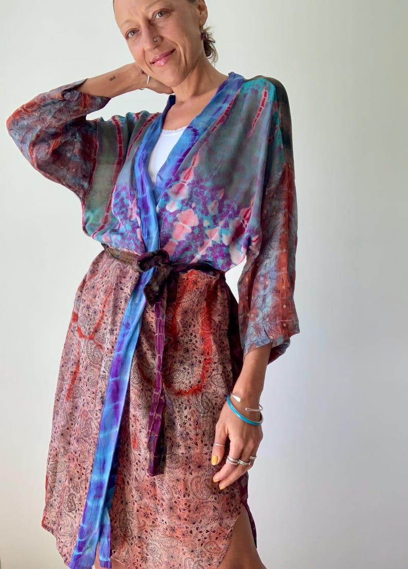 patchwork robe short sheer silk kimono topper comfy light kimono summer boho vacation robe dressing gown morning gown house shirt image 4