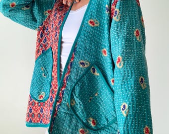 Vintage Kantha Jacke Patchwork türkis Patchwork Hippie Kimono Kimono Jacke Boho Hippie bunt free size slouchy Frühlingsmantel große Taschen