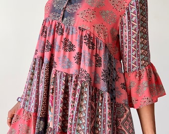 Cocktail dress comfy boho silky shift dress patchwork floaty ruffled flared dress high waist long sleeve free size loose maternity tunic