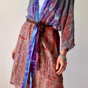 patchwork robe short sheer silk kimono topper comfy light kimono summer boho vacation robe dressing gown morning gown house shirt image 16