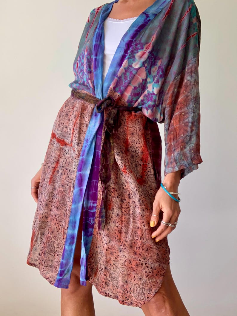 patchwork robe short sheer silk kimono topper comfy light kimono summer boho vacation robe dressing gown morning gown house shirt image 16