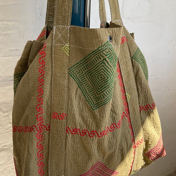 Kantha cotton handbag lightweight large crossbody bag handy recycled vintage market bag stitched tote daily shoulder bag hippie boho style