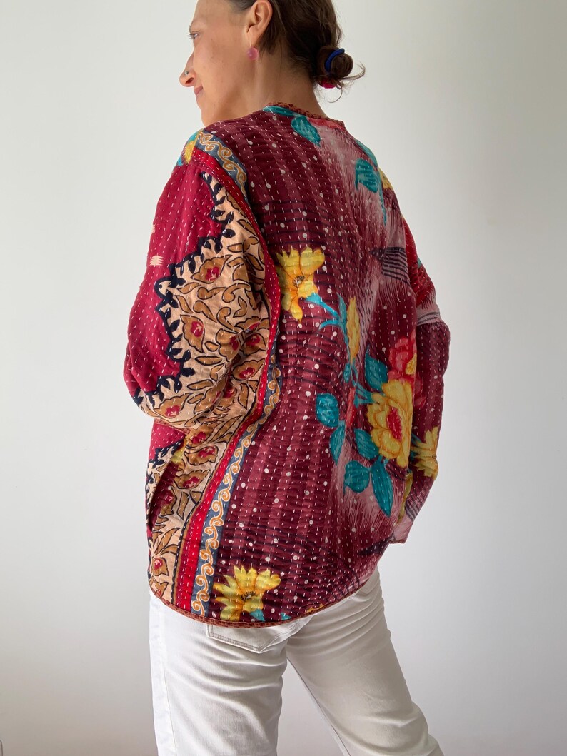 Boho kantha coat for spring oversized hippie reversible coat vintage style soft jacket loose free size open front quilted handcrafted jacket image 7