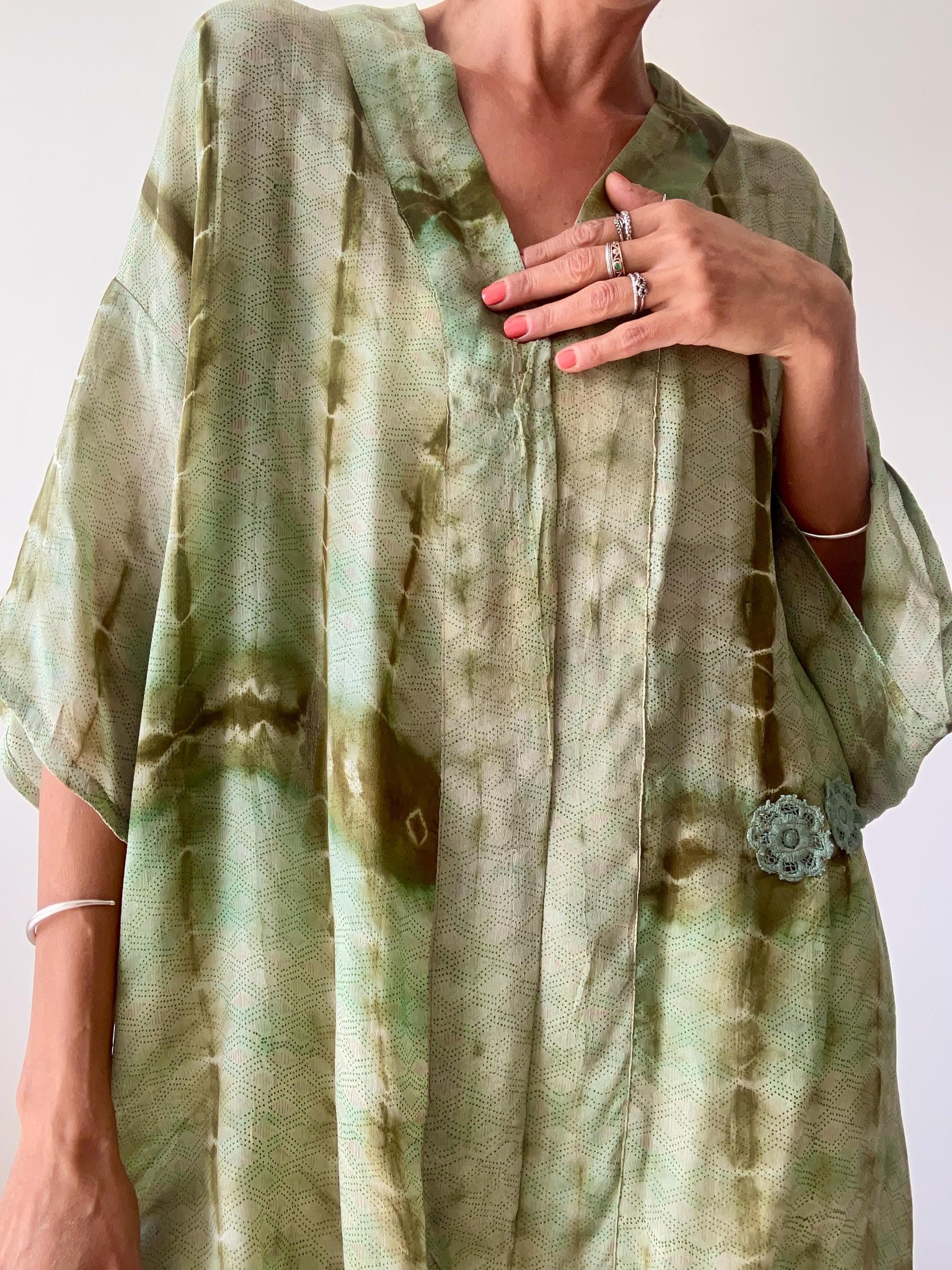 Up cycled Tie-Dye Silk Kimono: Sheer Boho Beach Cover-Up Oversized blouse light sheer kimono casual summer shrug daily wear comfy fit bolero