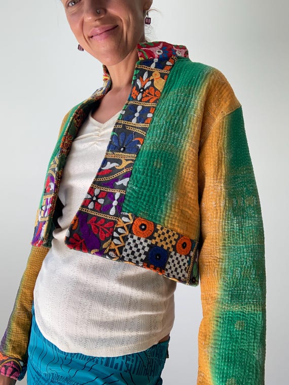 vintage kantha mini jacket ethnic banjara embroidered coat party festival light patchwork topper stitched colorful jacket